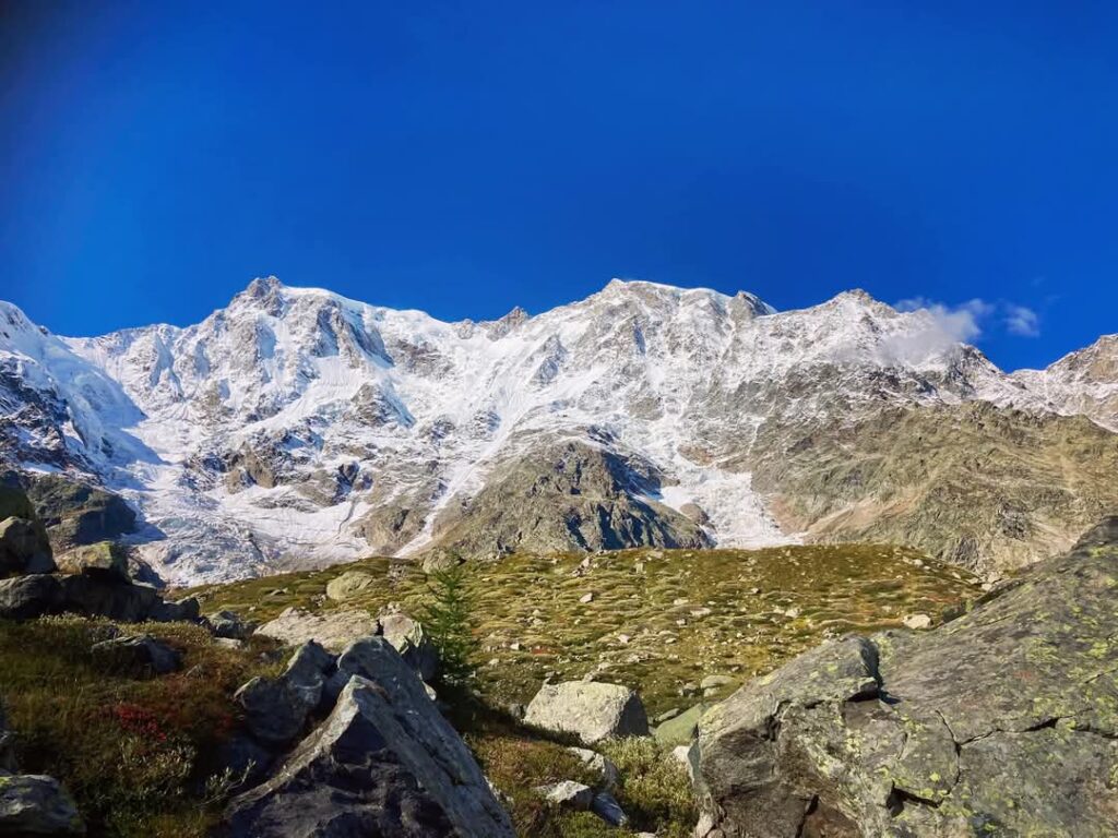 a snowy mountain with rocks and grass