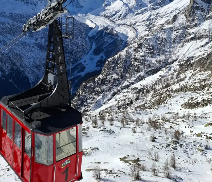 Vista panoramica del comprensorio sciistico del Monte Moro a Macugnaga, con impianti di risalita, piste innevate e il Monte Rosa sullo sfondo.