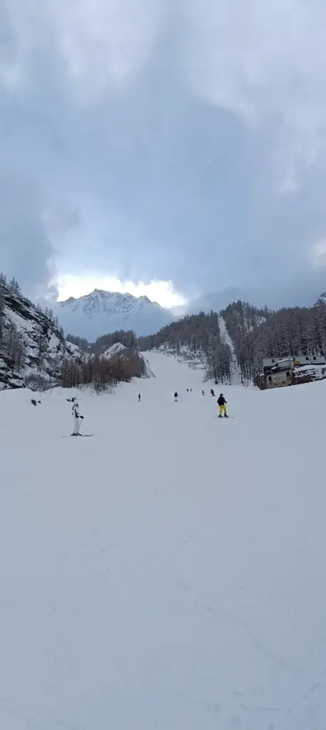 Vista panoramica invernale di Macugnaga con ampi spazi innevati, boschi alpini e le cime del Monte Rosa che svettano sullo sfondo.